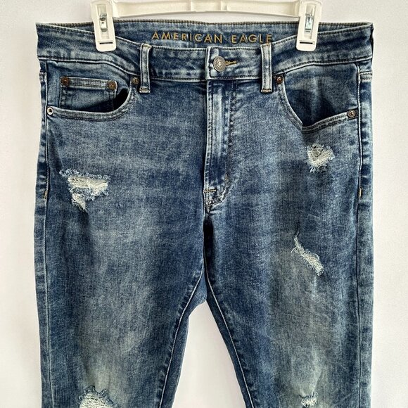American Eagle Slim Jeans — Y2K Distressed Washed Blue Denim Men's W33 L32 - Picture 1 of 13